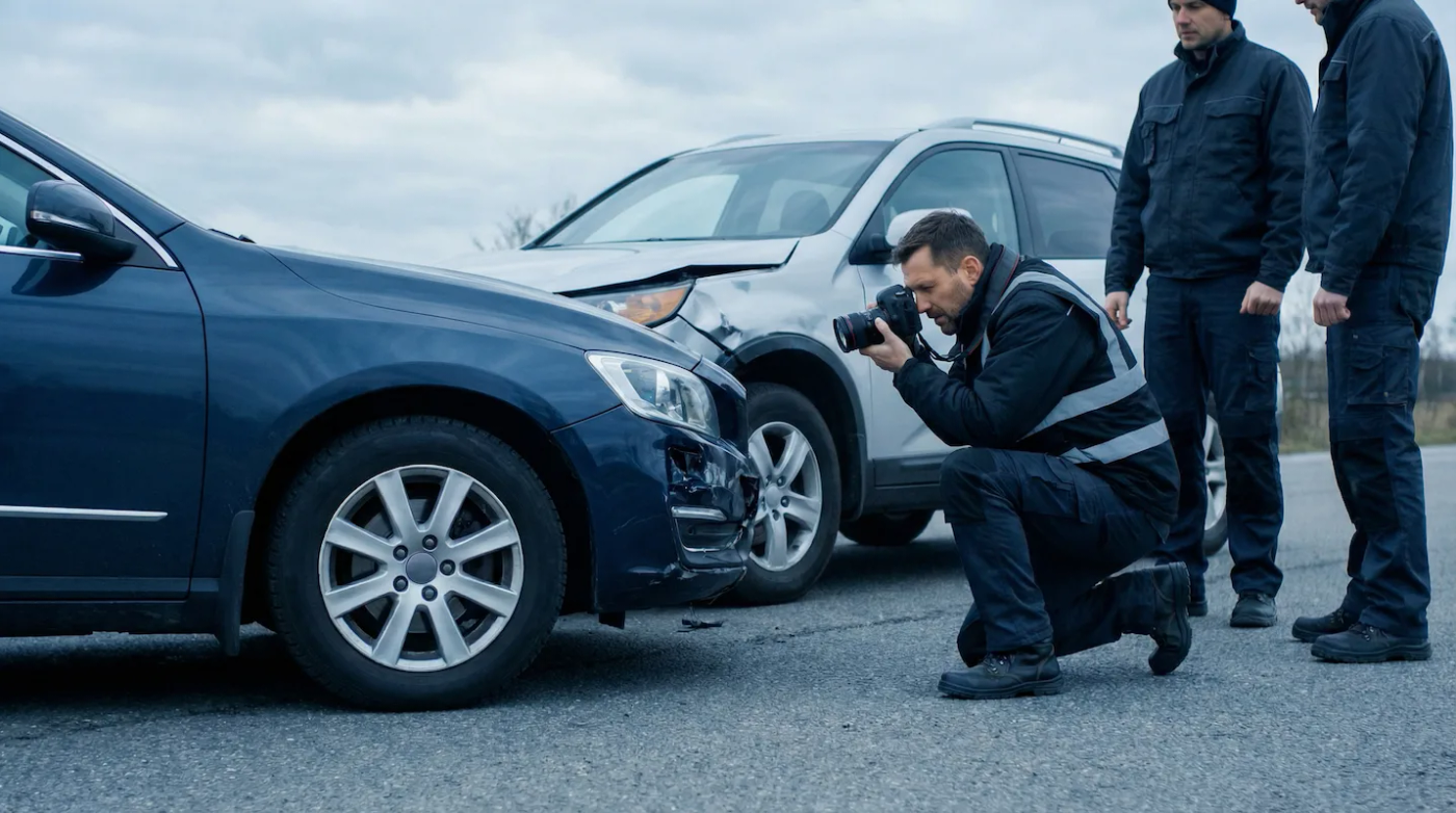 Sachverständiger fotografiert den Frontschaden nach einem Zusammenstoß zweier Fahrzeuge